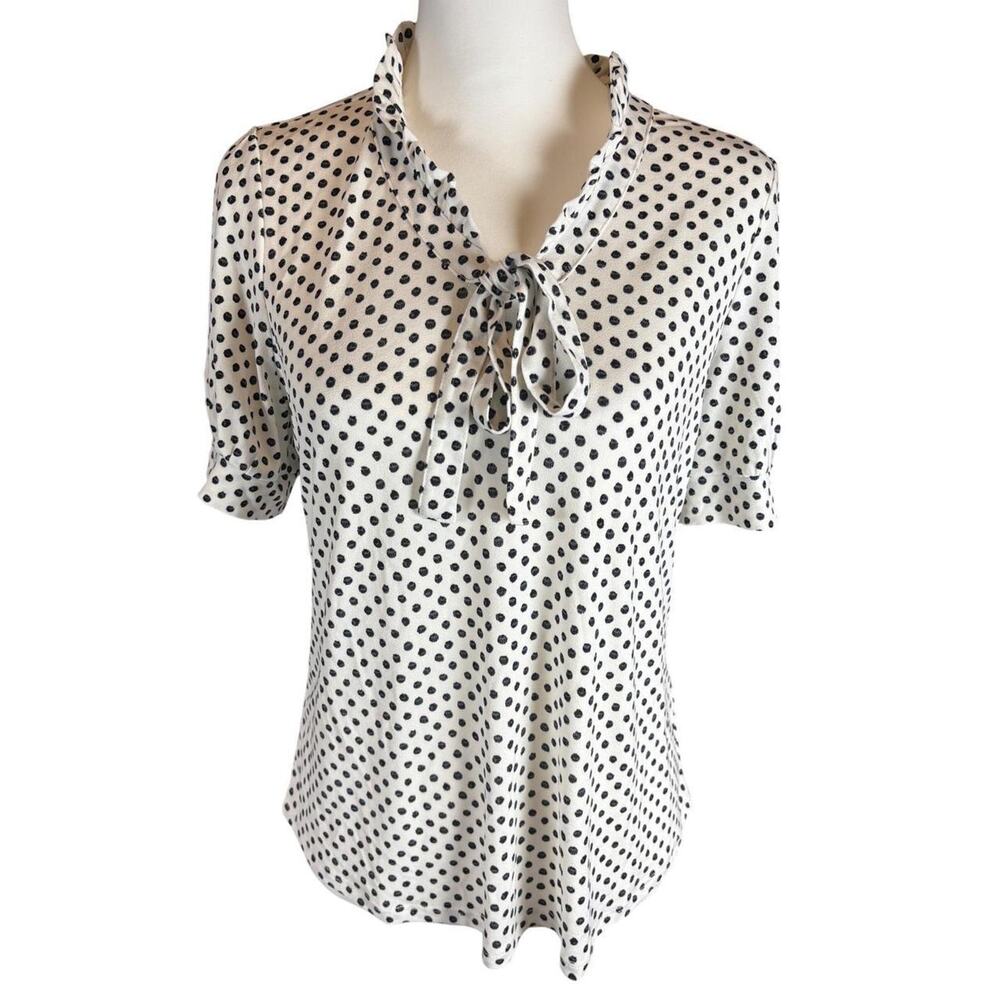 Adrianna Papell Officewear‎ Polka Dot Tie Neck Blouse Ivory Black Puff Sleeve S